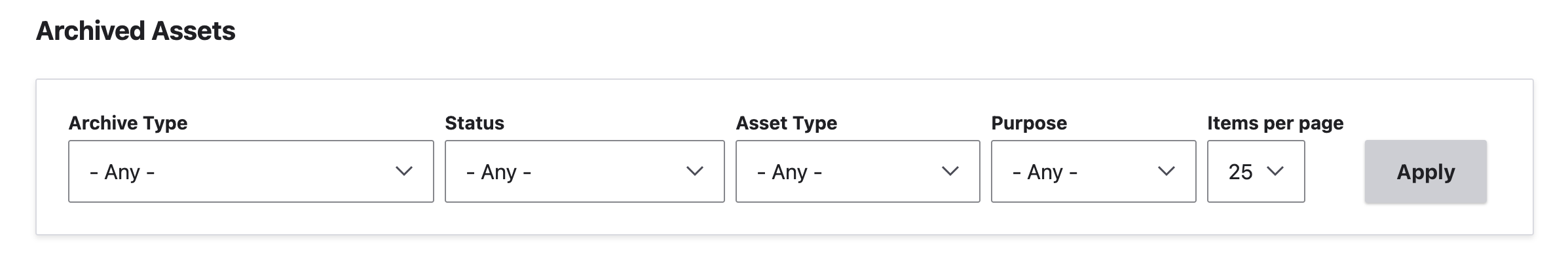 Digital Asset Inventory archive filtering options showing archive type, status, asset type, and purpose filters