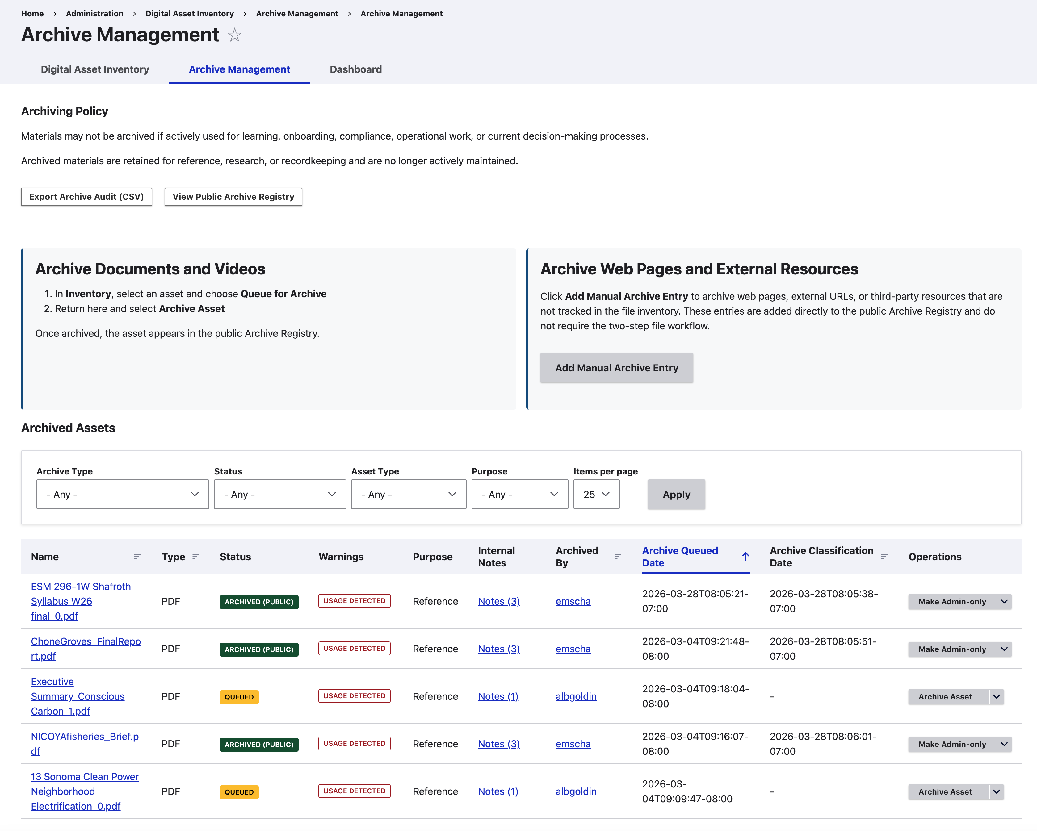Digital Asset Inventory archive management page showing queued and archived documents with status and operations