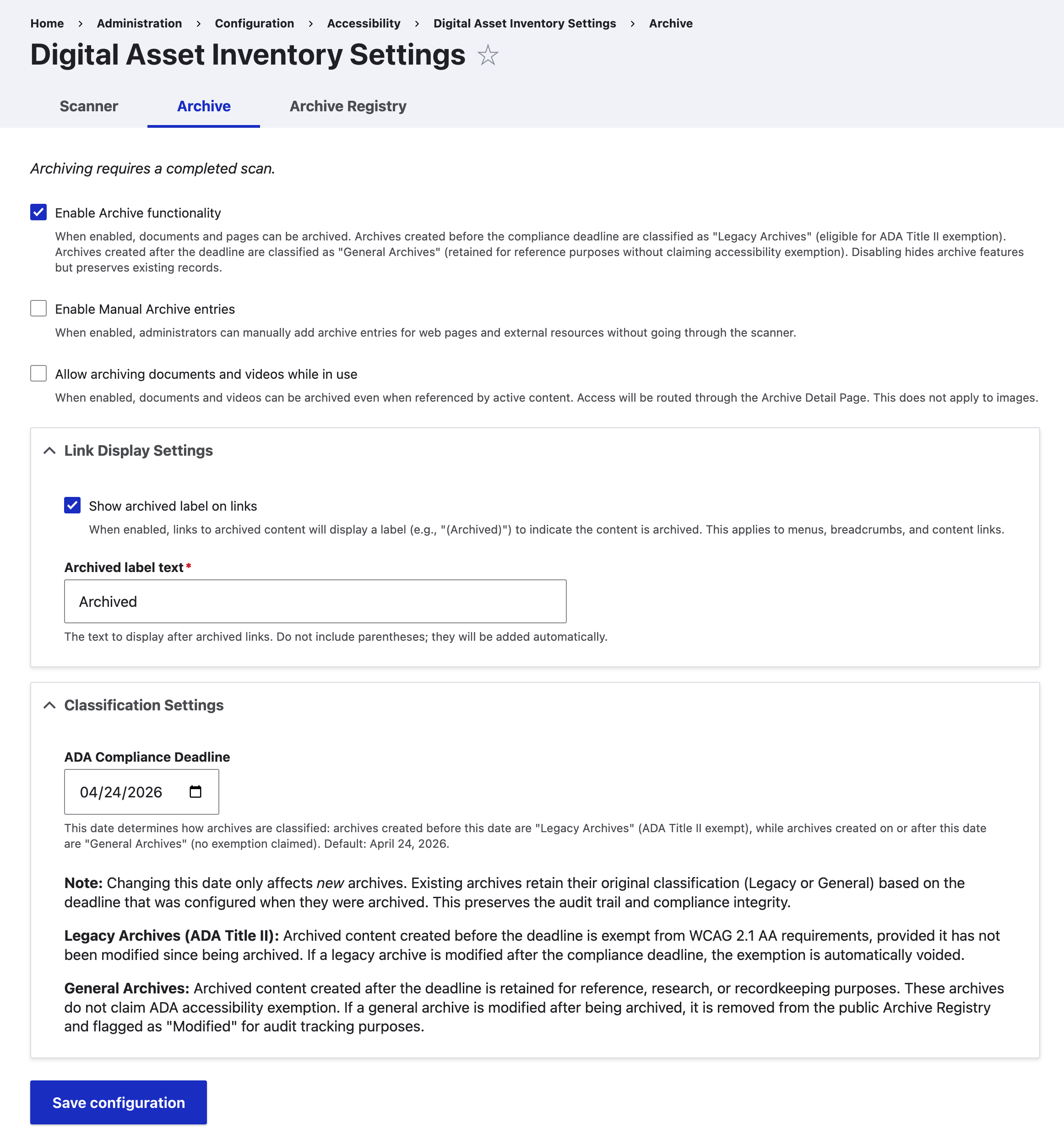 Digital Asset Inventory Archive settings tab showing enable archive, manual archive, archive in use, label, and ADA deadline fields
