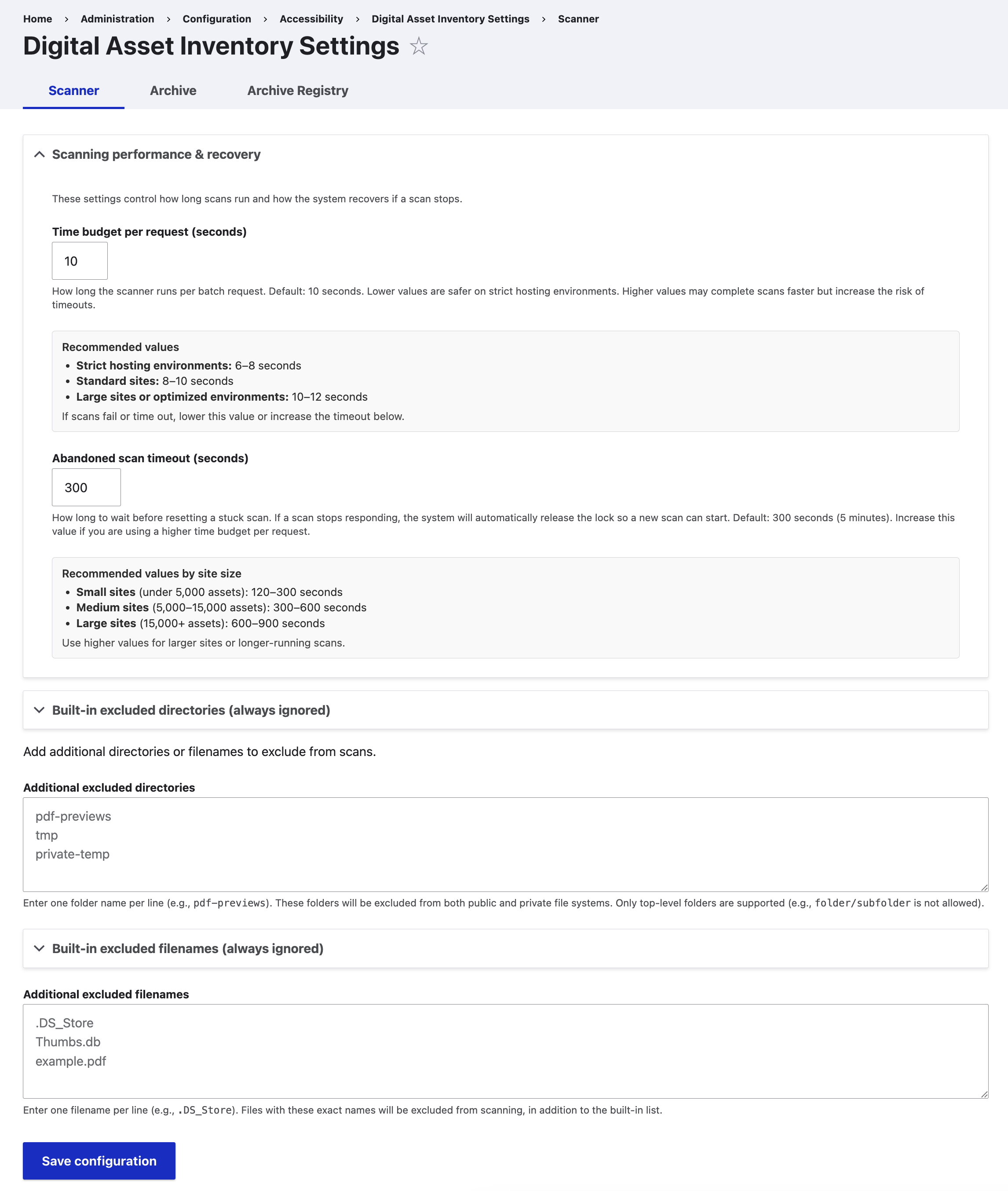 Digital Asset Inventory Scanner settings tab showing time budget, abandoned scan timeout, excluded directories, and excluded filenames fields
