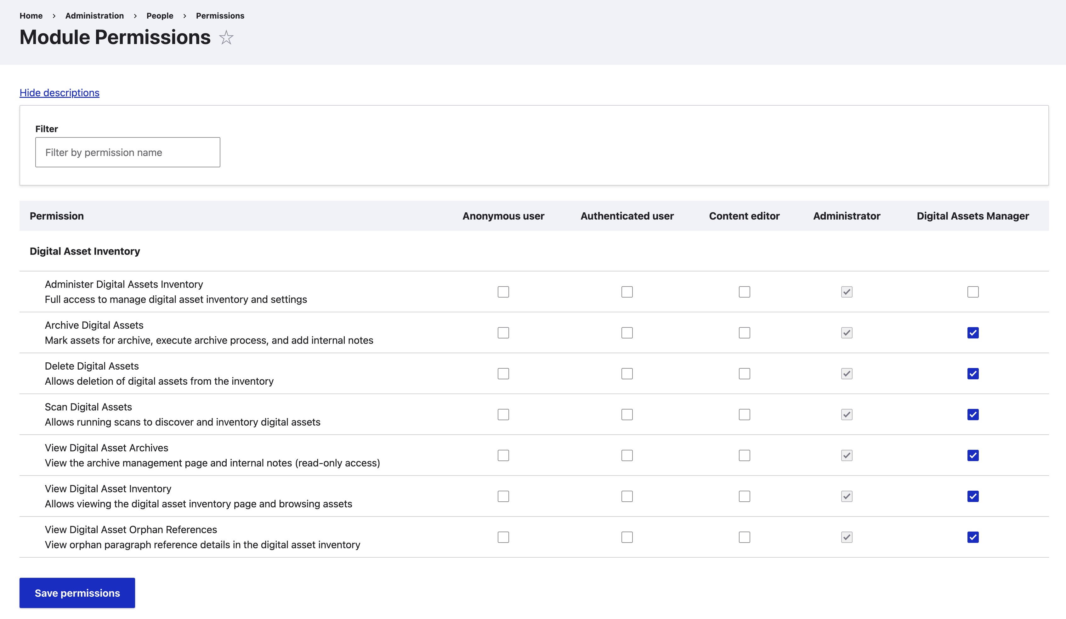 Digital Asset Inventory permissions configuration showing available permissions for digital asset management