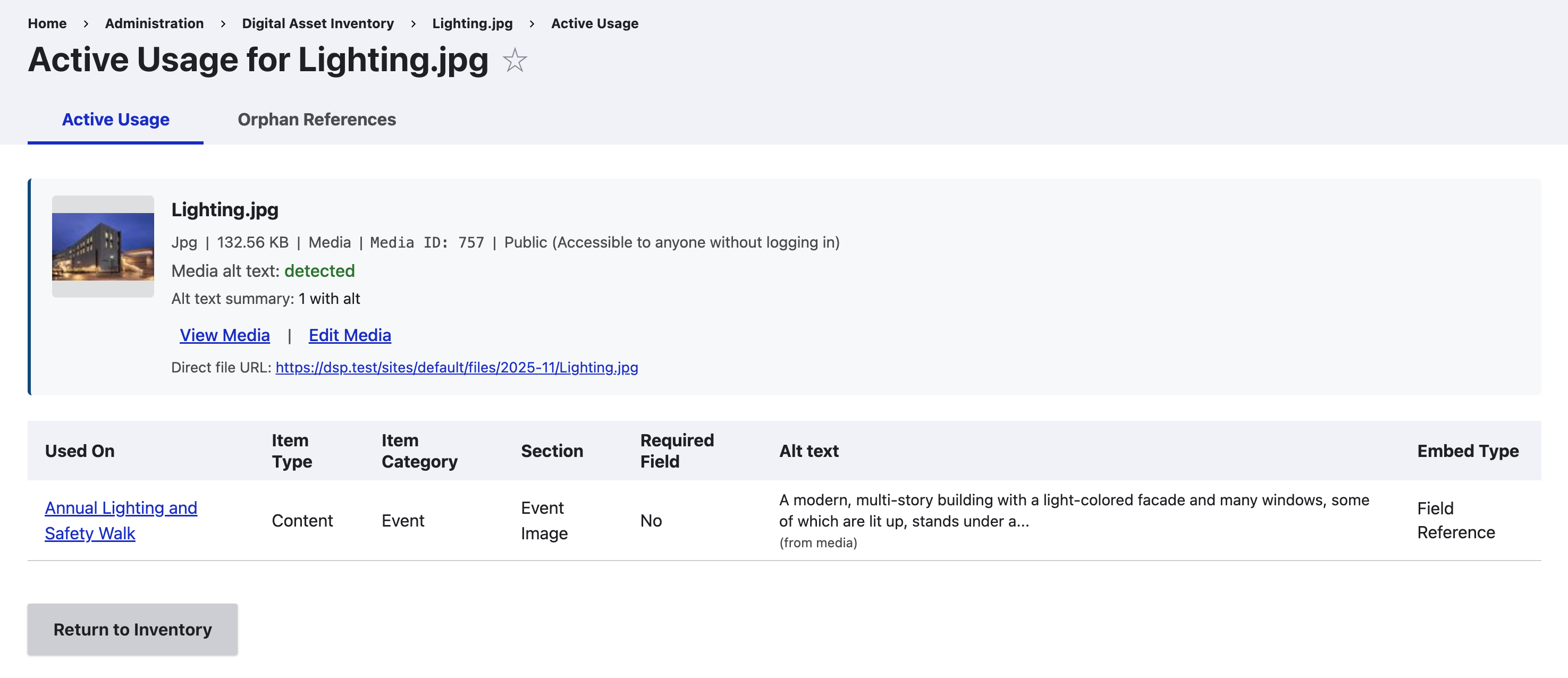 Digital Asset Inventory active usage detail page showing asset metadata, usage table with embed types, and alt text status