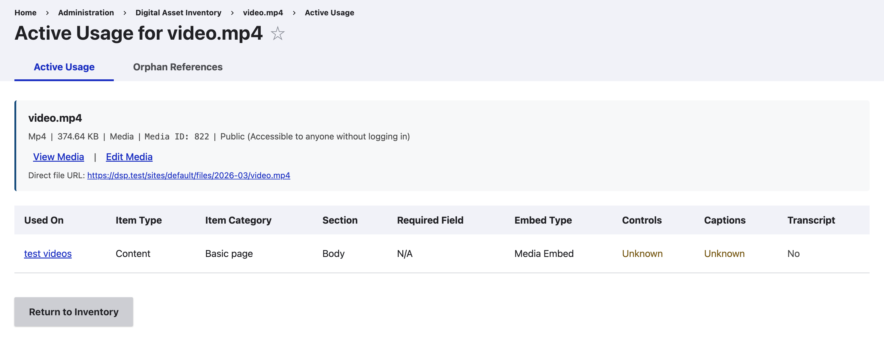 Digital Asset Inventory active usage detail for a video asset showing controls, captions, and transcript accessibility signals