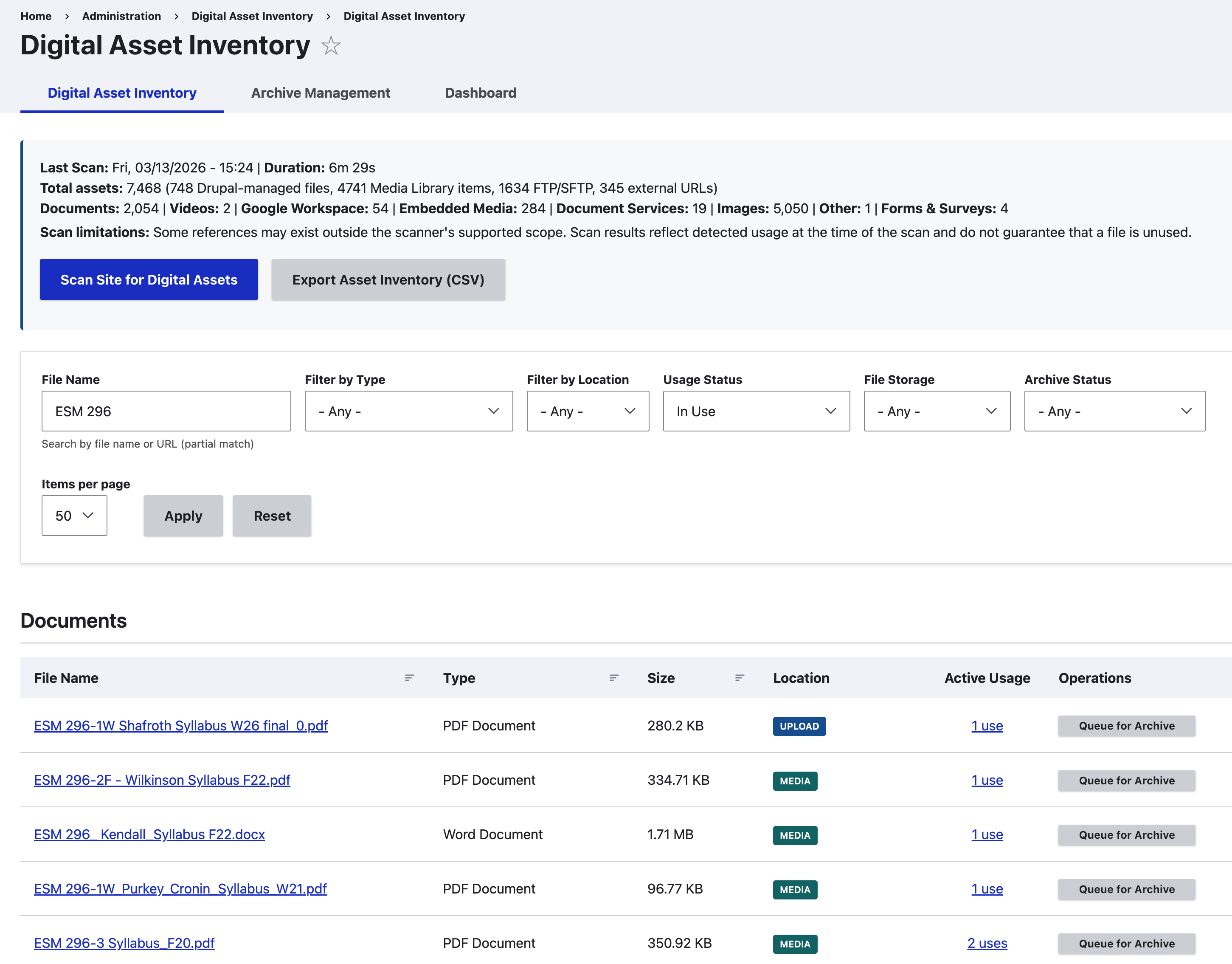 Digital Asset Inventory showing the Active Usage column with clickable usage counts for each asset